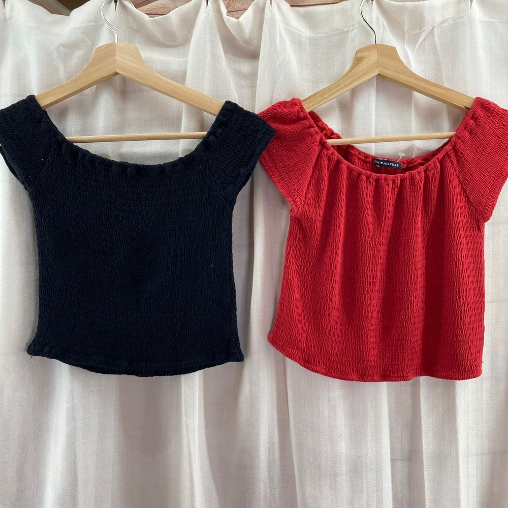 Brandy Melville One Black & One Red Smocked Off Shoulder Crop Top Small